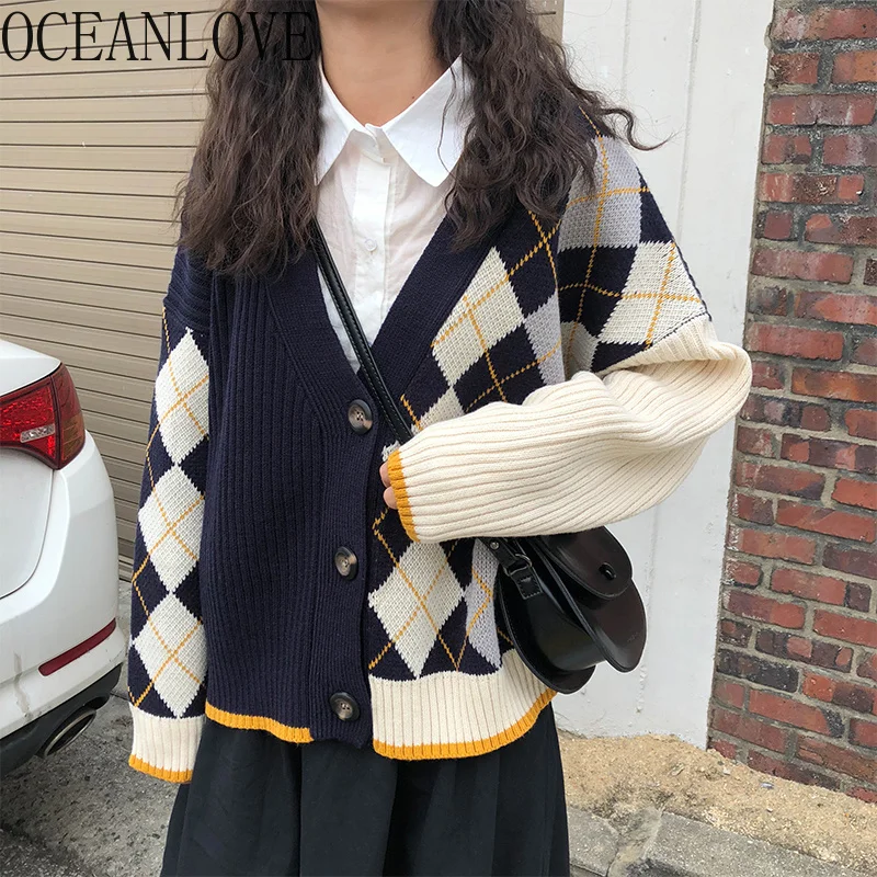

OCEANLOVE Korean Plaid Sweater Women Preppy Style V Neck Cardigan Autumn Winter Panelled Single Breasted Sueter Mujer 12513