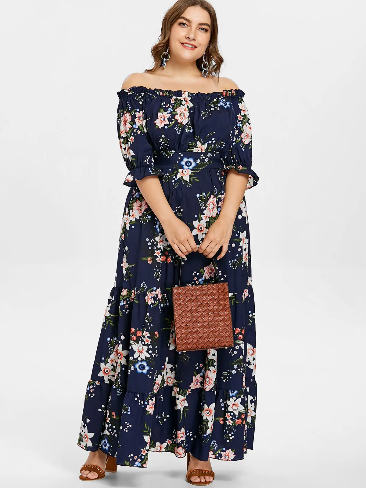 Wipalo Plus Size 5XL Empire Waist Flower Print Dress Casual Off The