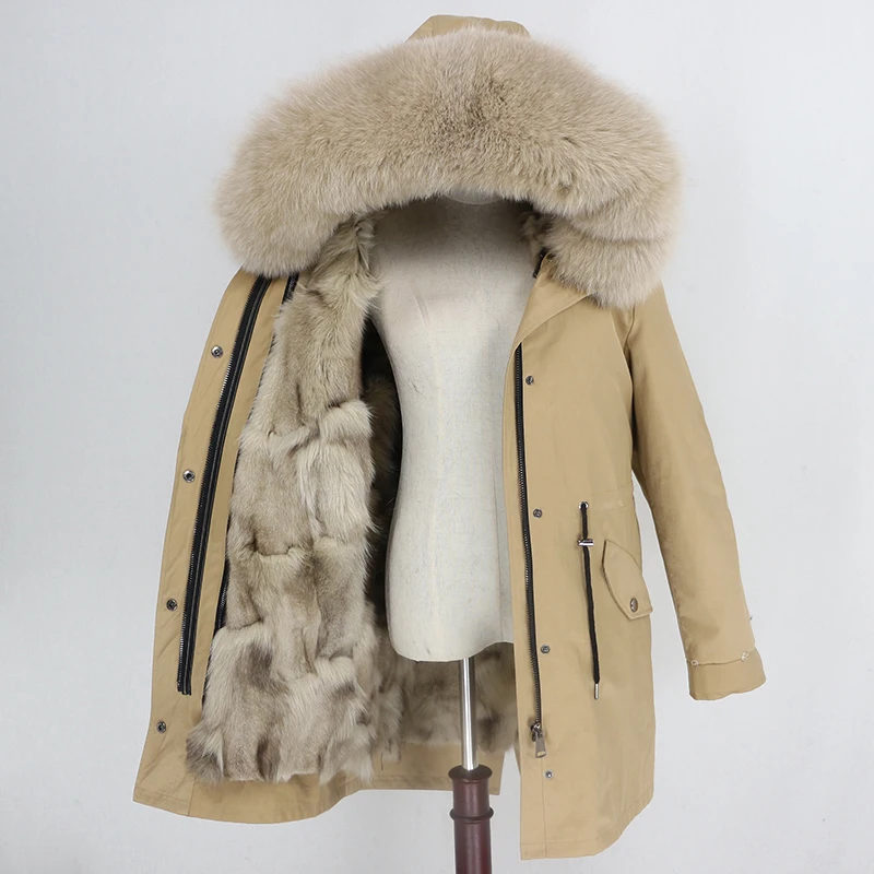 Женское пальто со съемным мехом OFTBUY, бежевая непромокаемая длинная парка с натуральным лисьим мехом, верхняя одежда, зима
