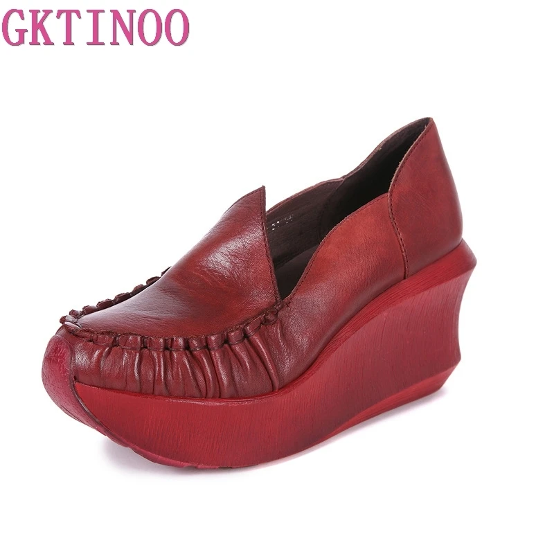 GKTINOO Genuine Leather Retro Women Pumps Slip On Designer Lady 8 CM High Heels Wedges Pumps Handmade Women Leather Shoes