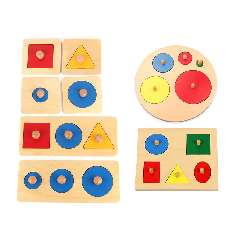 Montessori Wooden Shape Knob Puzzles Board Toy Baby Toddler First Knob Wood Peg Preschool Educational Basic Geometry Sensorial Toy for Shape & Color Sorter 