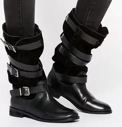 2018 г. новые осенние модные женские туфли круглый носок кожа пряжки рыцарские сапоги черная замша кожа женские сапоги до середины голени