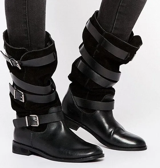 

2018 Autumn New Fashion Women Round Toe Leather Buckles Knight Boots Black Suede Leather Ladies Mid-Calf Boots Square Heel Boots