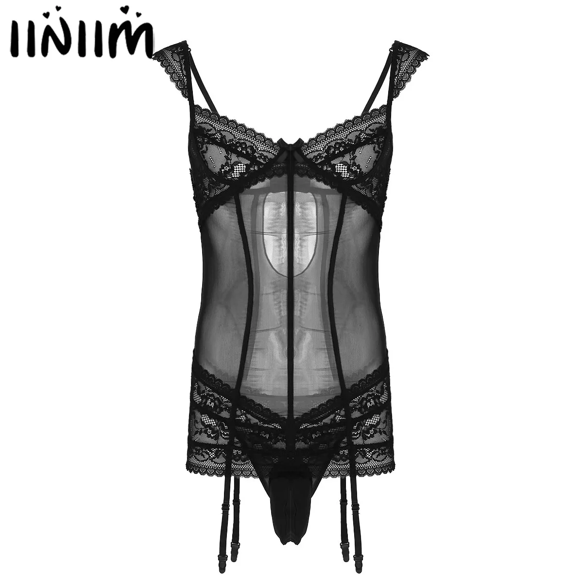 

Mens Sheer Mesh Crossdress Lingerie Set Adjustable Spaghetti Straps Lace Slip Hommes Sissy Garters Mini Dress with Underwear