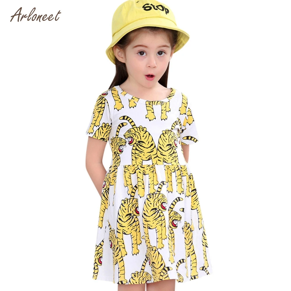 Children Kids Baby Girls Princess Tiger Print Short Sleeve Clothes