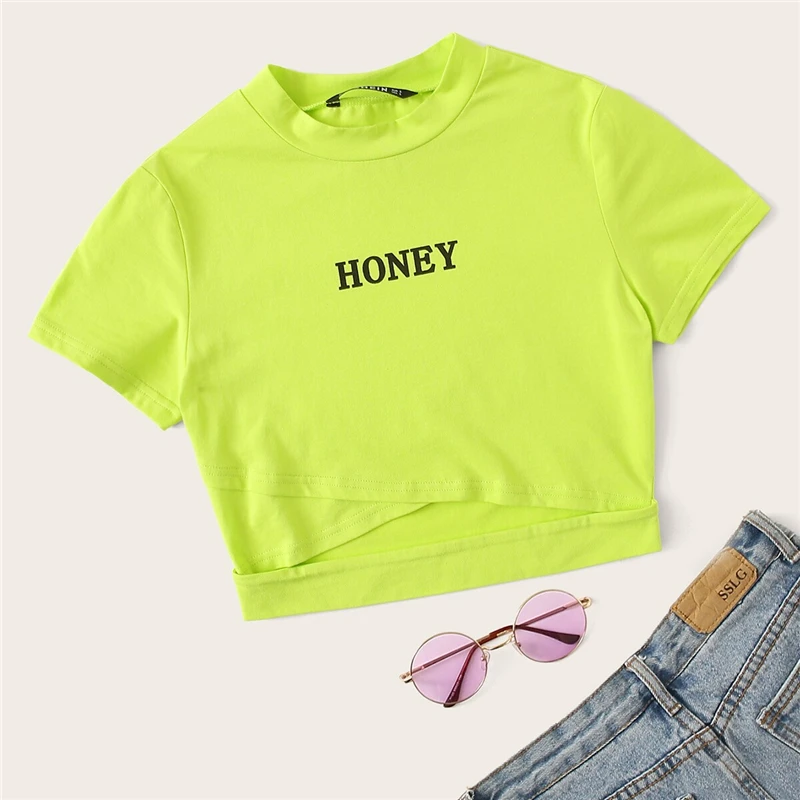 SweatyRocks, неоновый Лайм, надпись, укороченная футболка, женская уличная одежда, тройники, лето, тянущиеся тонкие футболки, повседневная женская сексуальные вершины