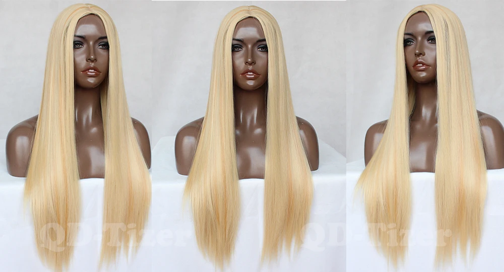 qd-tizer long blonde straight synthetic lace front wig 6