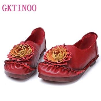 

GKTINOO 2019 New National Wind Leather Flat Shoes Women's Flat With Soft Bottom Non-Slip Hand-Stitched Flower Mother Flat Shoes