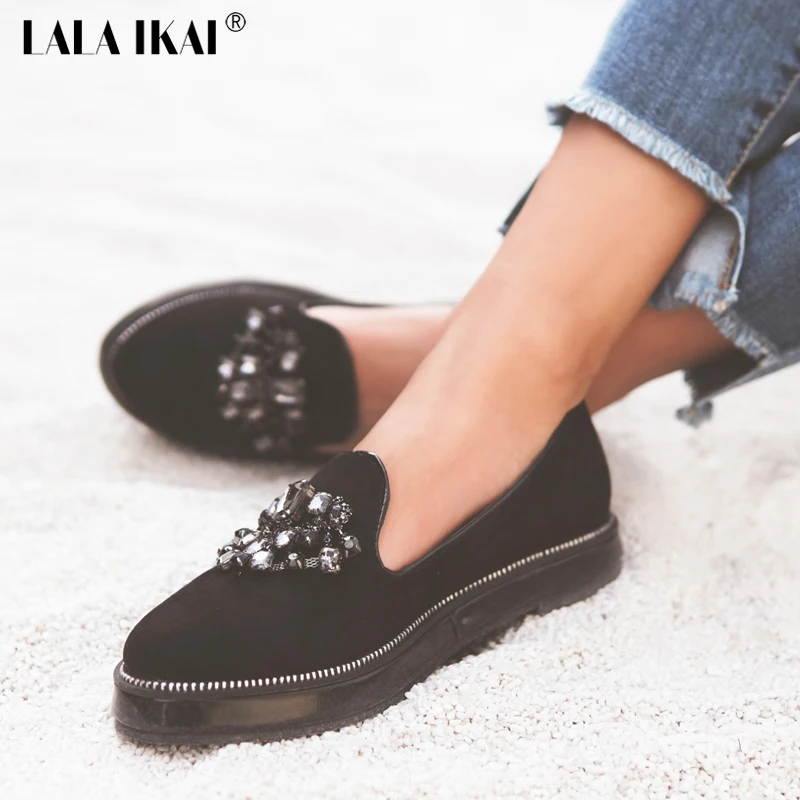 LALA IKAI Espadrille Women Flat Platform Shoes With Rhinestone Luxury Brand Female Footwear Flats Loafer Shoes Ladies
