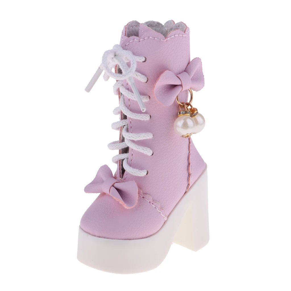 Handmade PU Leather Shoes Lace-up High Heeled Shoes for 1/3 BJD Dolls for 60cm Night Lolita Dolls (Pink)