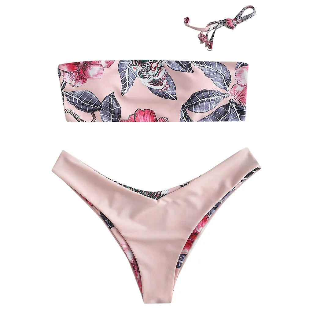 Для женщин печати розовый лиф-бандо Топ Высокая Талия подкладка пуш-ап бюстгальтер пляж Разделение комплект бикини купальный костюм летние бикини