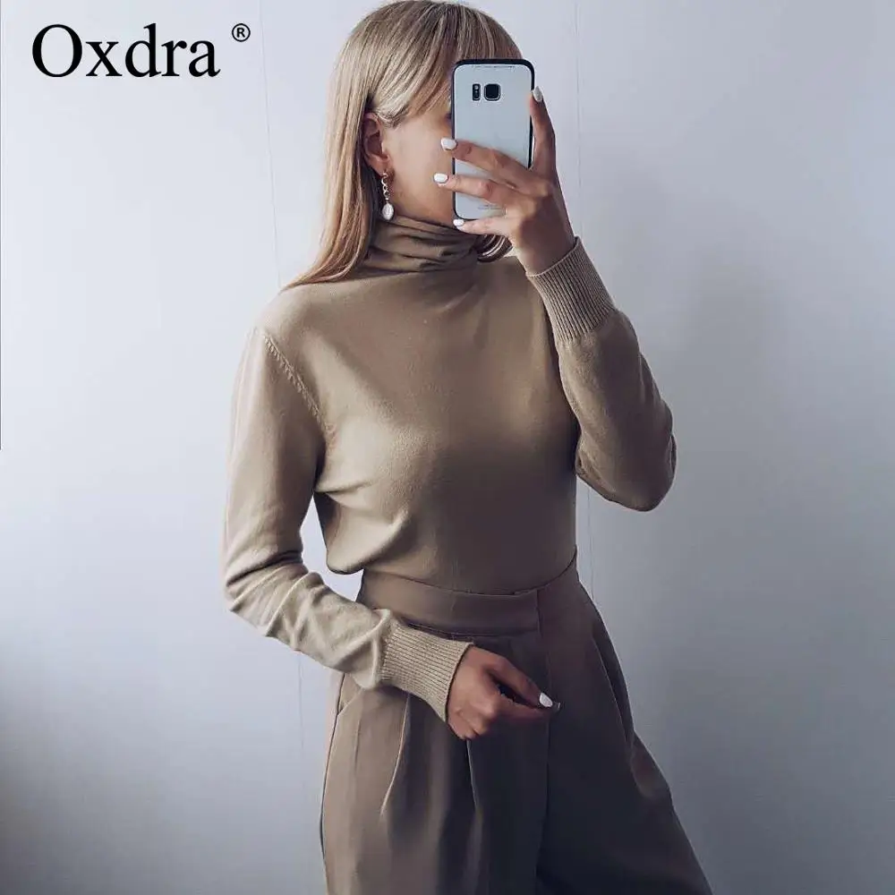 

Oxdra Winter Spring Solid Soft Sweaters Pullovers Female Knitted Turtleneck All Base Match Loose Sweater Jumper Tops