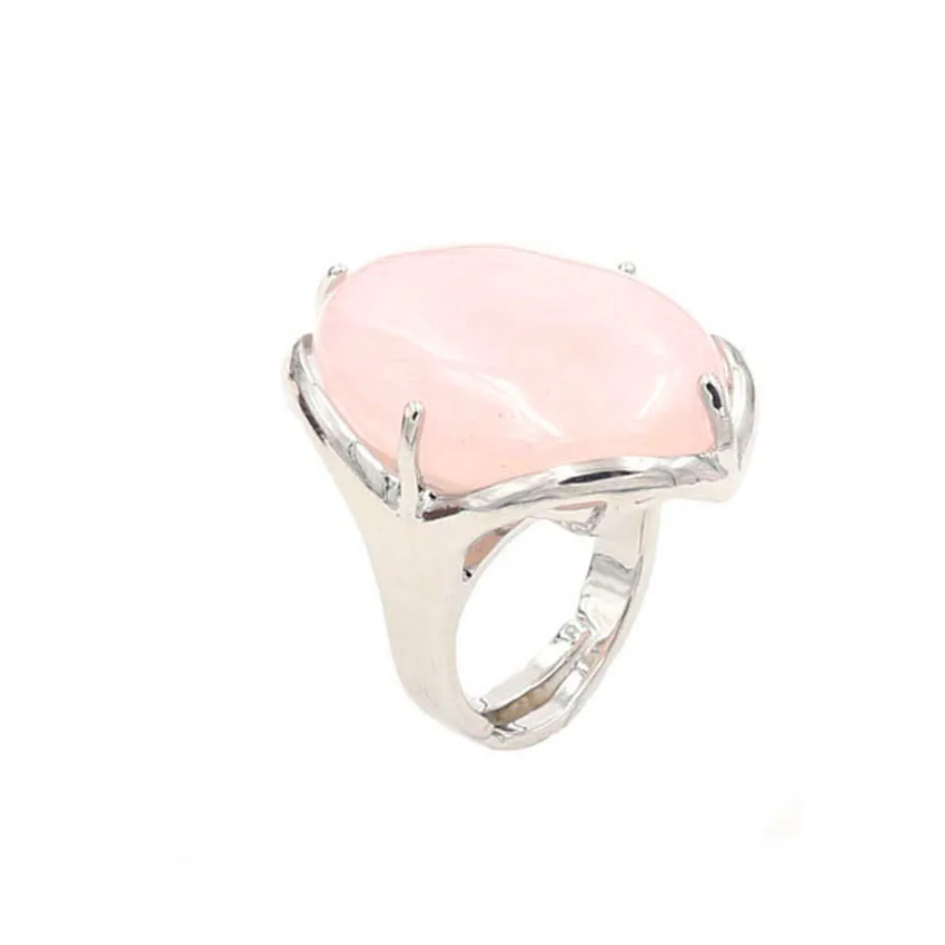 

FYJS Unique Silver Plated Jewelry Oval Shape Resizable Natural Rose Pink Quartz Engagement Ring For Women