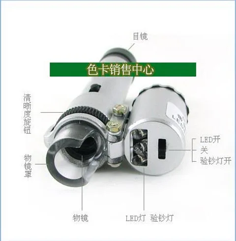 60X переносной Тип пера микроскоп со шкалой светодиодный световой фиолетовый детектор