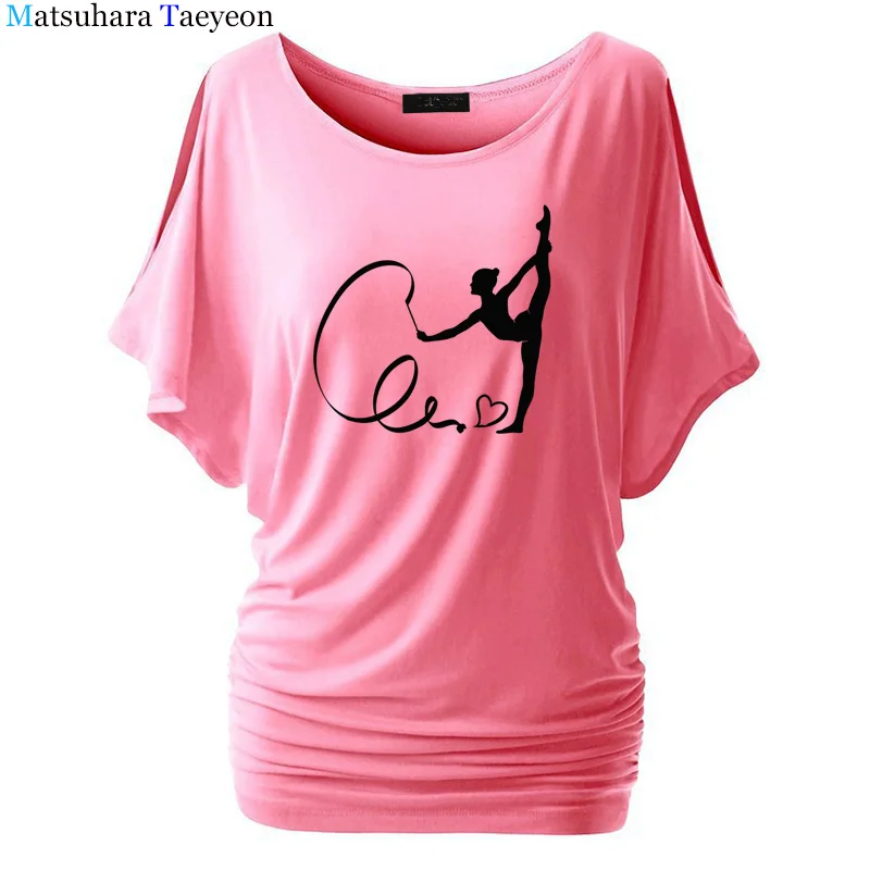 

2018 New Summer fashion T-shirt Women Gymnast Silhouette Printed Batwing Sleeve T shirt WomeN Tops Tee Shirt Woman Top