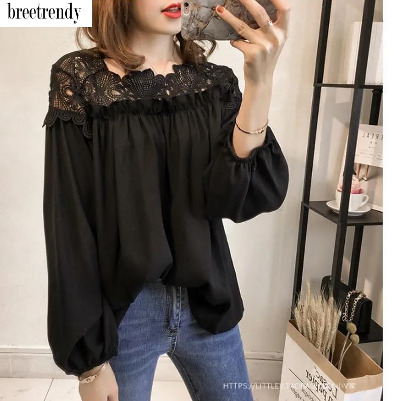 En Mousseline as Crochet Solide Patchwork Noir Noir Blouse De Couleur Picture O Blusas 2018 Tops Soie Floral Blanc Nouveau Cou Femmes Blouses xw0n80