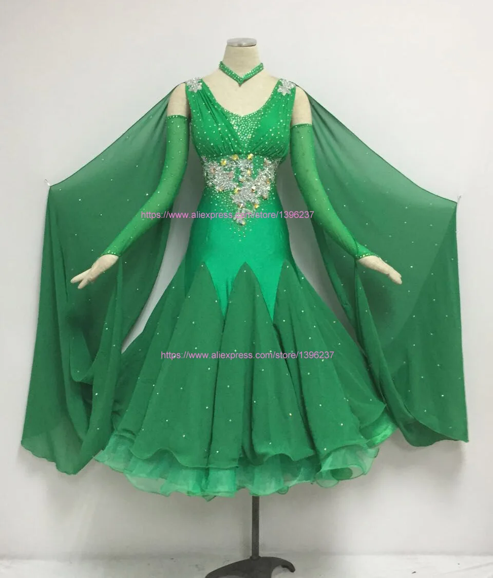 

Dresses Dance Ballroom Women Modern Waltz Tango Dancing Skirt Green High Quality Custom Made Ballroom Competition Dress