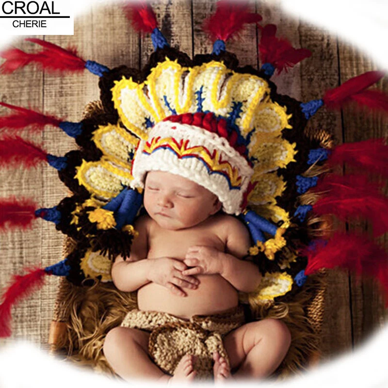 

High Quality Cute Indian Baby Costume Photography Props Soft Feather Fur Hat For Kids Newborn Baby Products Knitted Cap