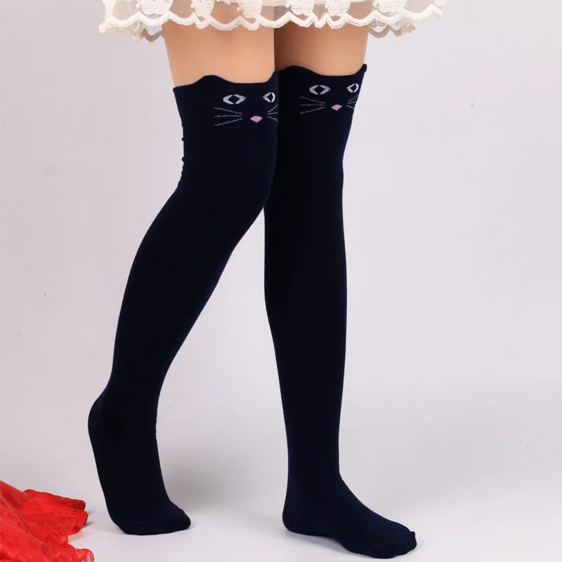 С изображением кота печати Лолита носки до колен женские выше колен модные гетры чулки трикотажные хлопчатобумажные чулки школьница - Цвет: navy blue