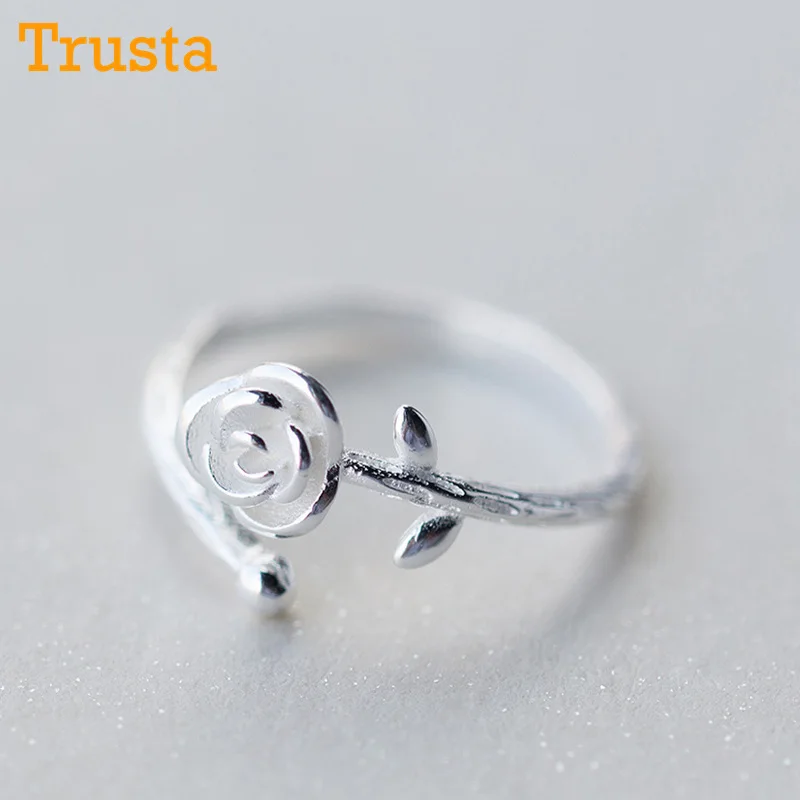 Trusta 100% 925 Solid Real Sterling Silver Jewelry Rose Flower Opening Adjustable Ring Size 5 6 7 For Teen Girl Women DS991