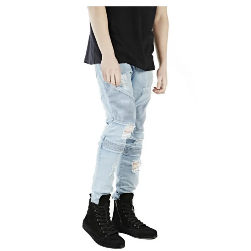 

Europe and the United States crease high street destruction motorcycle locomotive BIKER jeans trend plain jeans explosion models