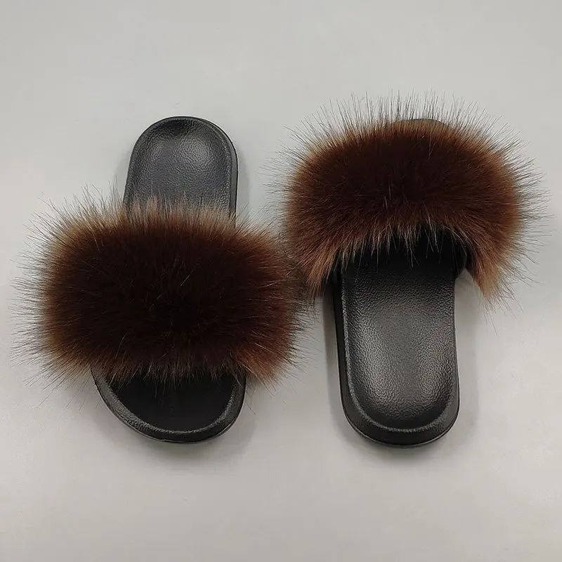 

Outside Fur Slides 2019 Spring Autumn Cute Fluffy Slippers Women Fox Slippers Natural Fashion Beach Flats Women Furry Slippers