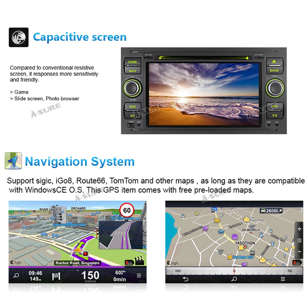 Excellent A-Sure 2 Din Car Auto Radio GPS DVD Player Navigation For Ford Transit Focus Galaxy S-Max C-Max Fusion Fiesta SWC Bluetooth DVD 5