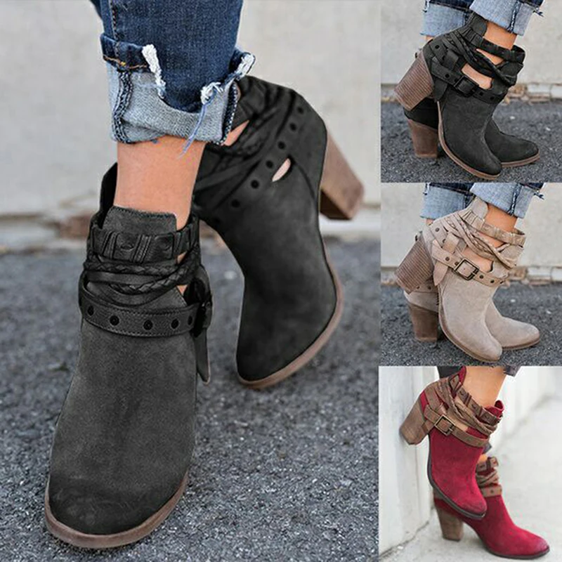 Autumn Spring Women Boots Fashion Casual Ladies Shoes Martin Boots Suede Leather Buckle Boots High Heeled Zipper Daily Shoes