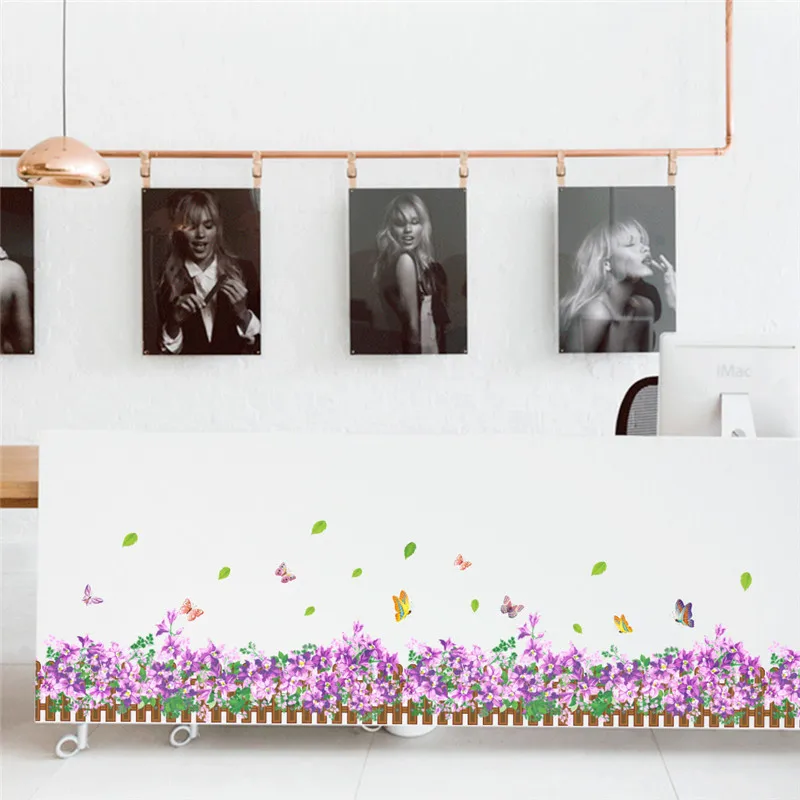 Чудесный сад фиолетовые цветы Бабочка Наклейка на стену s для гостиной спальни 3d Наклейка на стену домашний декор цветочный ТВ украшение