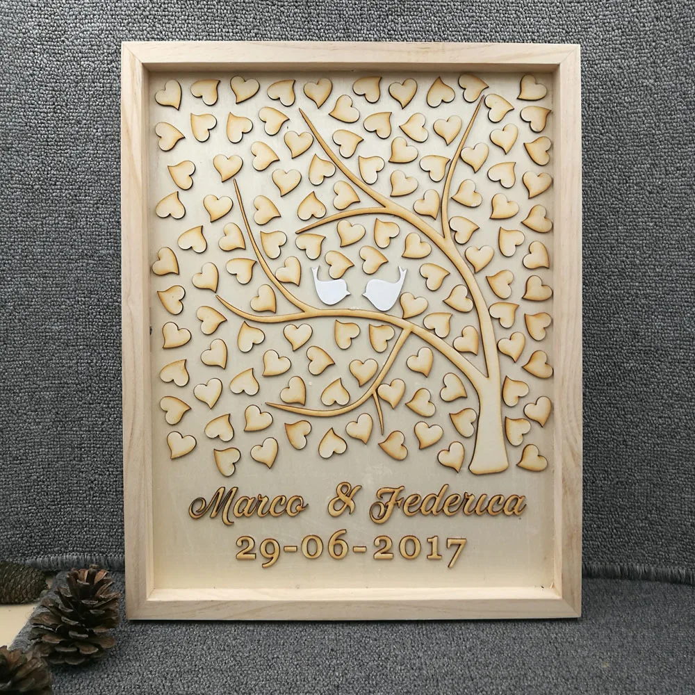 

Wedding Decor Personalized Guest Book Natural Wood Wedding Anniversary Guestbook with Love Hearts Customized Guest Book