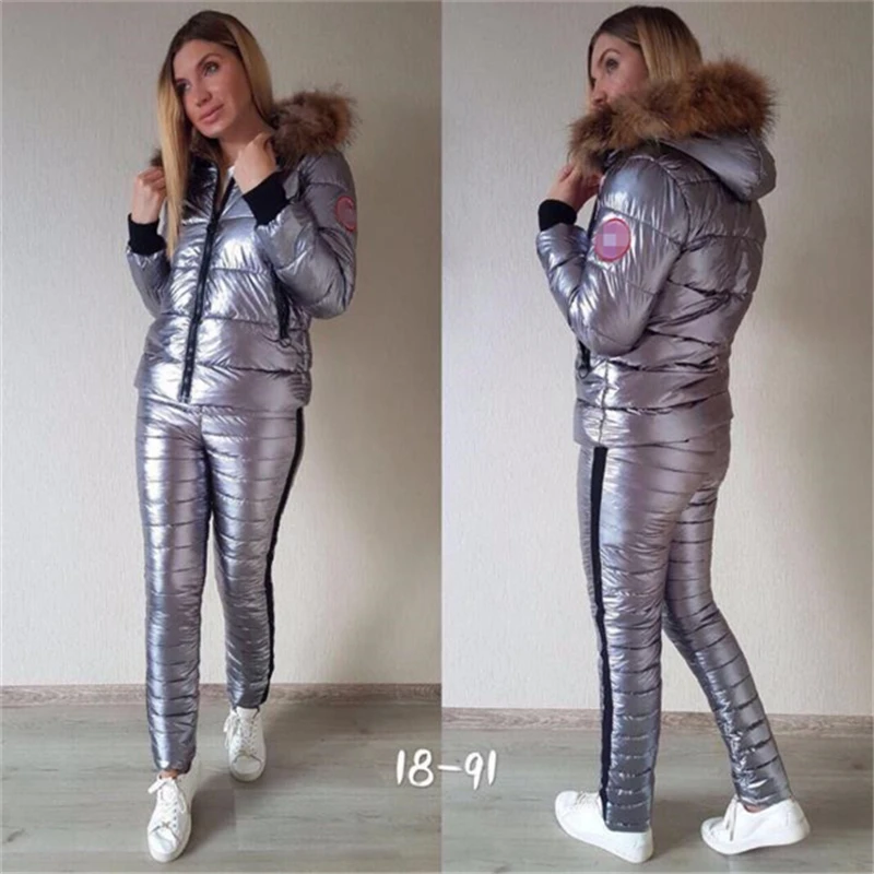 silver Ensembles Longue Parka En Casual 2 silver Zipper Chaud Champagne À Ensemble Survêtement Argent Nouveau Manteau Veste Femmes rose Gold Métal Pièce Gray Rembourré Deux Coton Capuchon Pantalon Eq46HAZ
