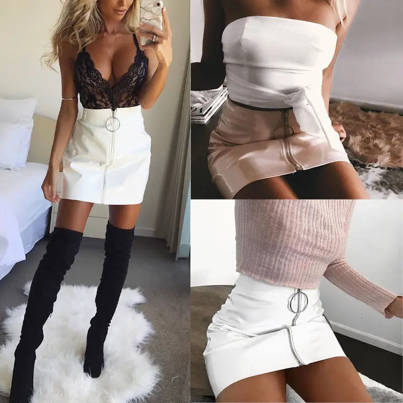 

Sexy Women Solid High Waist PU Leather Mini Skirt Plain Zipper Flared Pleated Skirt Short Skirt