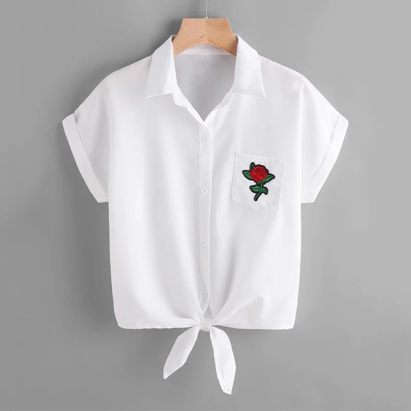 ROPALIA Women White Blouses Embroidery Shirts Short Sleeve