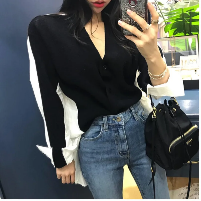

DEAT 2019 new summer and autumn fashion women contrast colors knits sweatshirt pullover top female WH41501XL