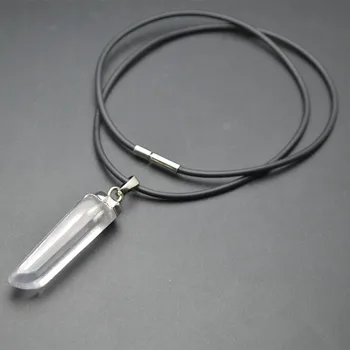 

Fashion Jewelry Natural Crystal Point Stone Pendant Black Rubber Chains Necklace