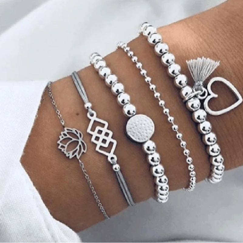 

Octbyna 5 Pcs/Set Bohemian Charm Bracelets Set Tassel Retro Heart Handmade Beaded Bracelets For Women Jewelry Gifts Dropshipping