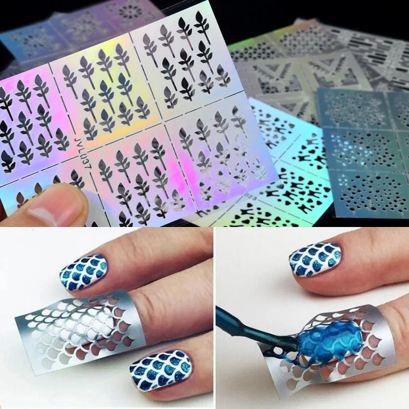

Multiple-Use Nail Art Hollow Laser Silver Template Stencil Stickers Vinyl Tip Transfer Guide Template Nail Decals Kit