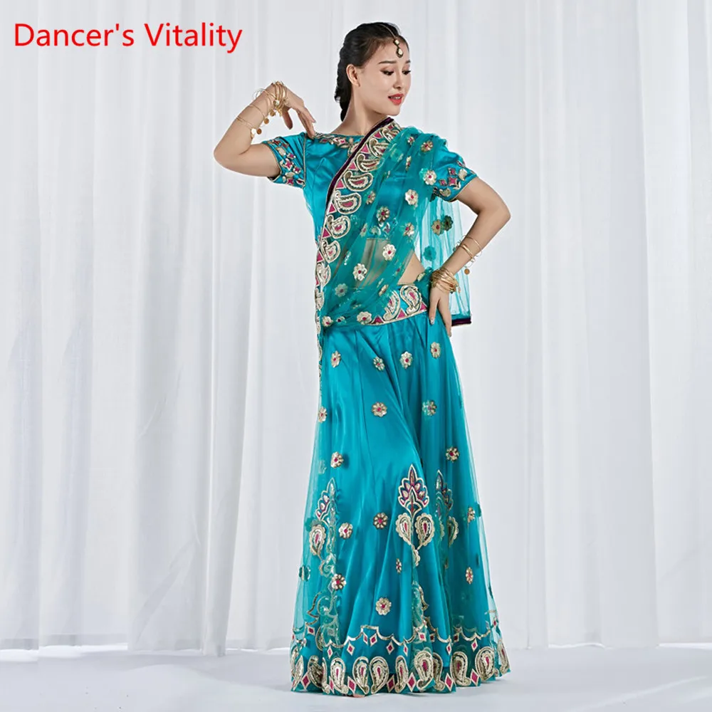 Clothes For Dancing, Stage Costume Belly Dancing Clothes Indian Dance Costume Bollywood 3 Pieces Set(Top, Skirt And Sari