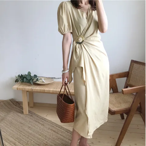 Vestido de Uma Lanmrem Verão Nova Moda Casual Temperamento Feminino Solto Fold Vestidos Cor Sólida Puff Manga Dividir Peça Tc383 2020