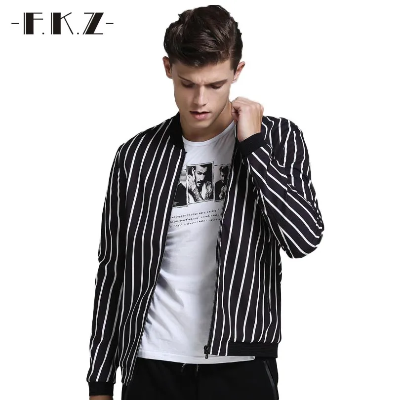 FKZ 2017 Spring Jacket Men Black White Stripes Slim Youth Jacket Men's