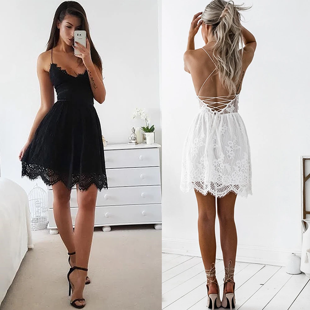 

Summer Sexy Backless White Lace Dress Spaghetti Strap Sleeveless Black Dresses Casual Loose V-Neck Fishtail Mini Dress Party