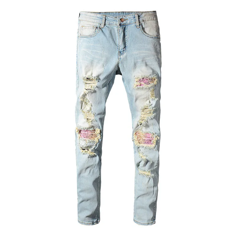 Модные уличные мужские джинсы в стиле ретро светло-голубые потертые зауженные рваные джинсы мужские дизайнерские джинсы с потертостями и дырками в стиле хип-хоп