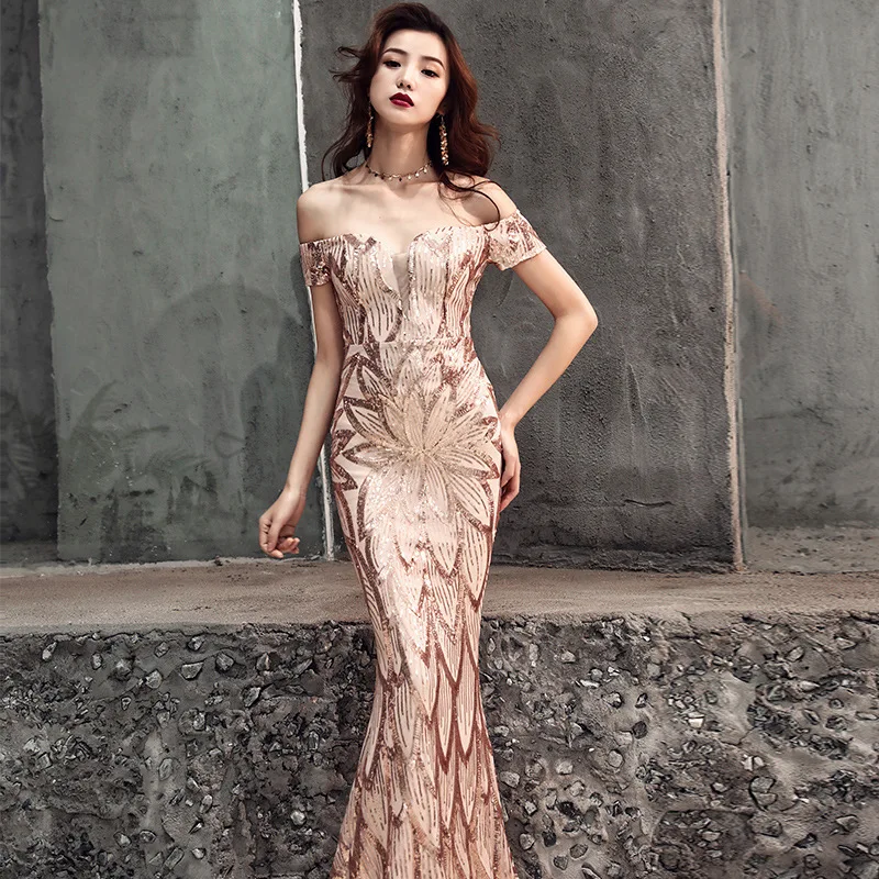 

Prom Dress Elegant Gold Sequins Mermaid 2019 Long Floor Length Dresses Women Party Night Bling Plus Size Vestidos De Gala E438