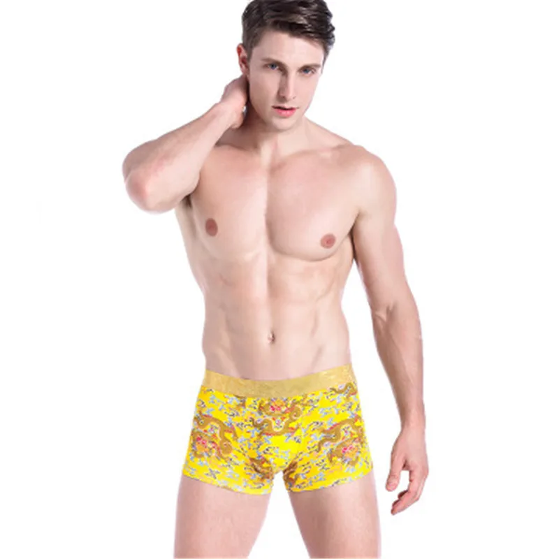 

Brave Men Print Sexy Boxer China Russia Japan style lucky Dragon Cartoon yellow Youth Brand casual cotton blend Underwear