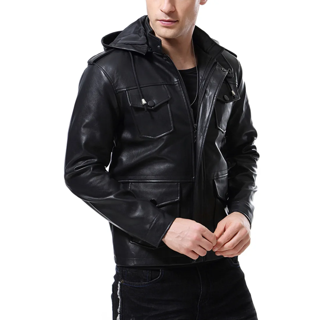 2019 Autumn New High-end Men's Motorcycle Hooded Men's Leather Jacket Leather European And American Jacket B005