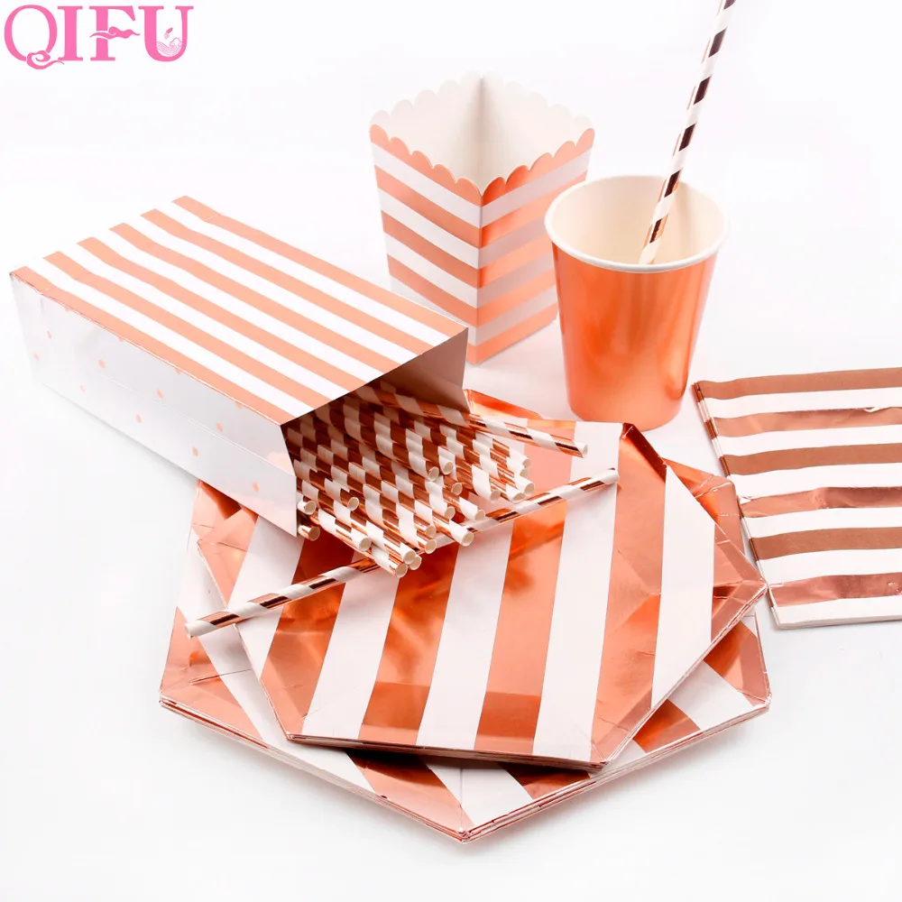 QIFU Роза Золотая бумага соломинки одноразовые бумажные тарелки чашки бумажный подарочный мешок коробки для попкорна День Рождения украшения для взрослых