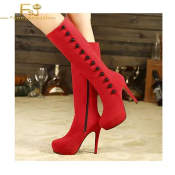 

FSJ Coral Red Buttons Stiletto Super High Thin Heel Boots Polyurethane Autumn, Winter Date, Engagement Platform Mid-calf Boots