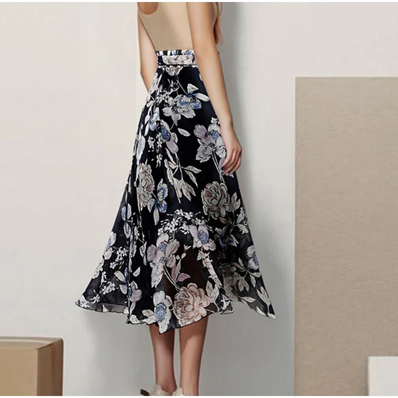 Plus Size Women Vintage Floral Print Ankle Length A Line Chiffon Skirt 3Xl 5Xl Bow Tie Casual Female Stylish Chic Skirts Mujer