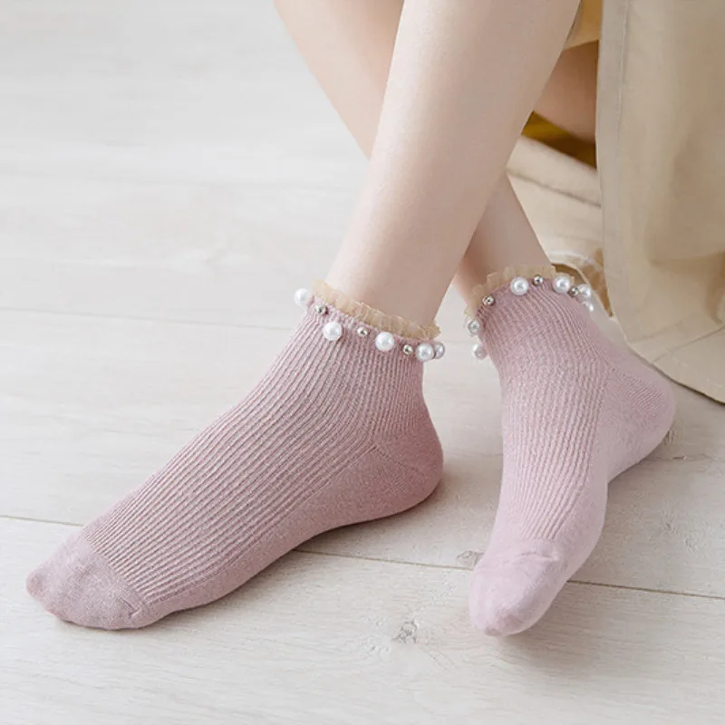 Women Fashion Socks 2022 New Lace Pearl Solid Color Breathable Ankle Socks Cotton Fashion Cute Woman Funny Socks Носки fluffy socks