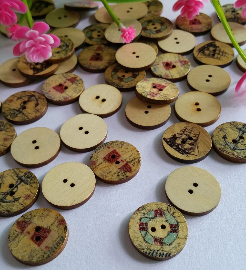

New Arrival 20mm 50pcs Mixed Color Random Ship Series Wooden Buttons Two Holes Sewing Craft Scrapbooking Garment Accessories
